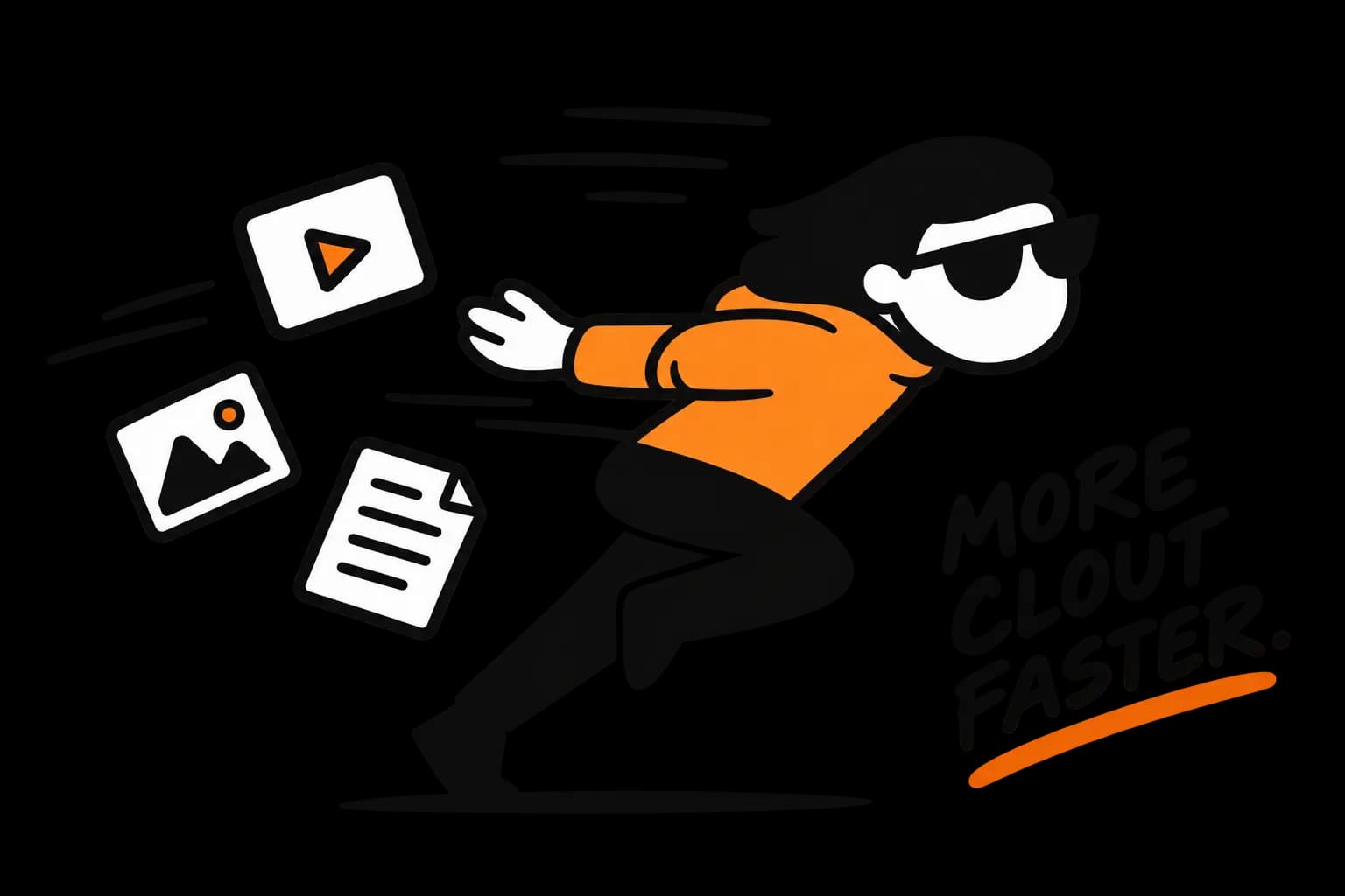 Runner sprinting with video, image, and text content icons — more clout, faster